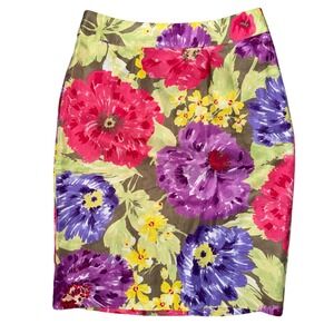 Banana Republic Floral Pencil Skirt Olive Pink Purple Linen Blend Size 6